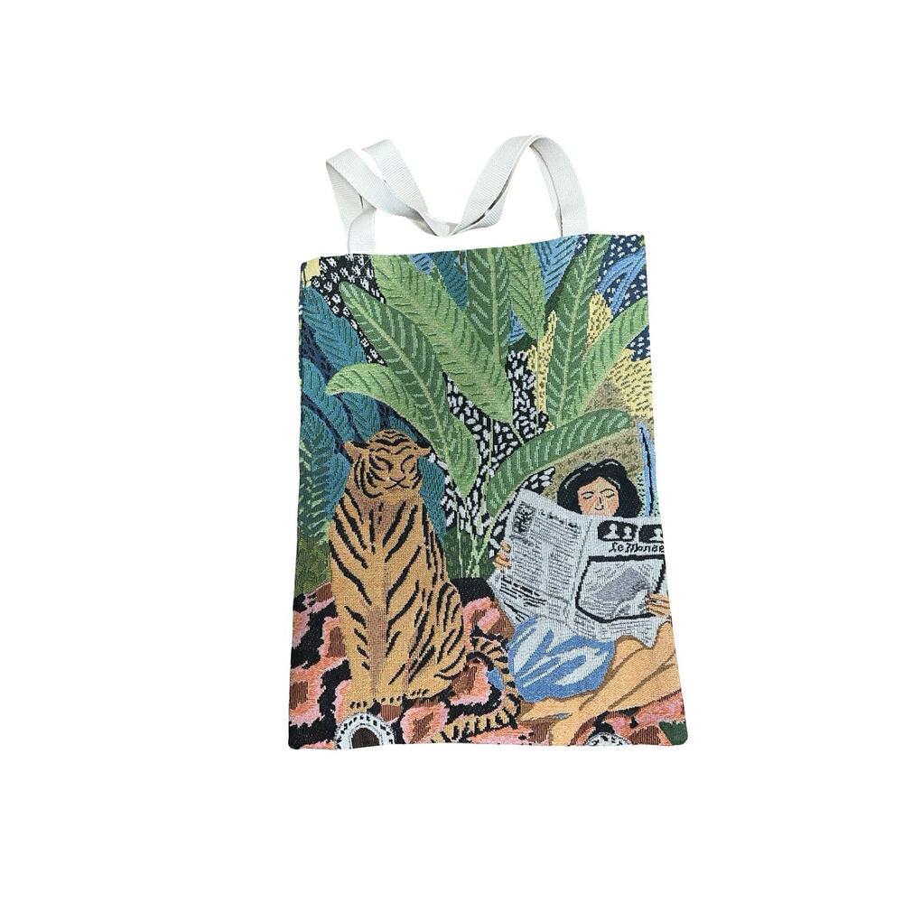 Tiger and Girl in Jungle Woven Tapestry Reusable Shopping Tote Bag